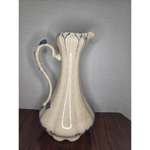 Vintage Blue and White Floral Ceramic Pitcher Speckled Scalloped Farmhouse Vase
